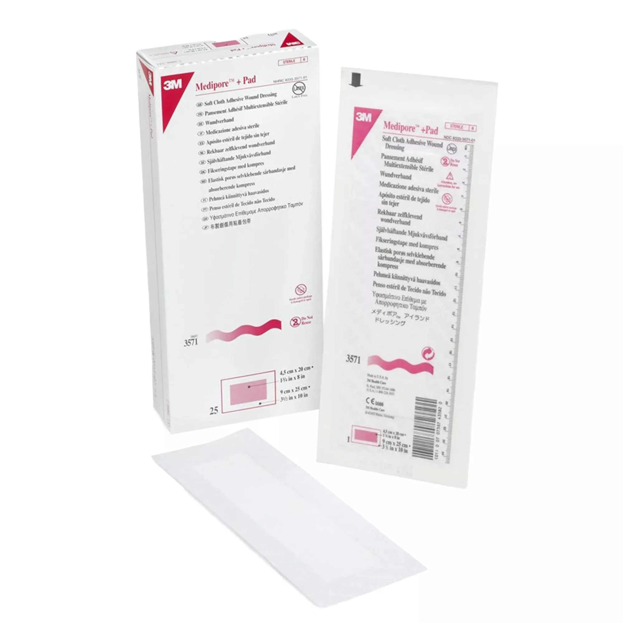 3M™ Medipore™ + Pad Soft Cloth Adhesive Dressing, 3½ x 10 Inch, 1 Box of 25