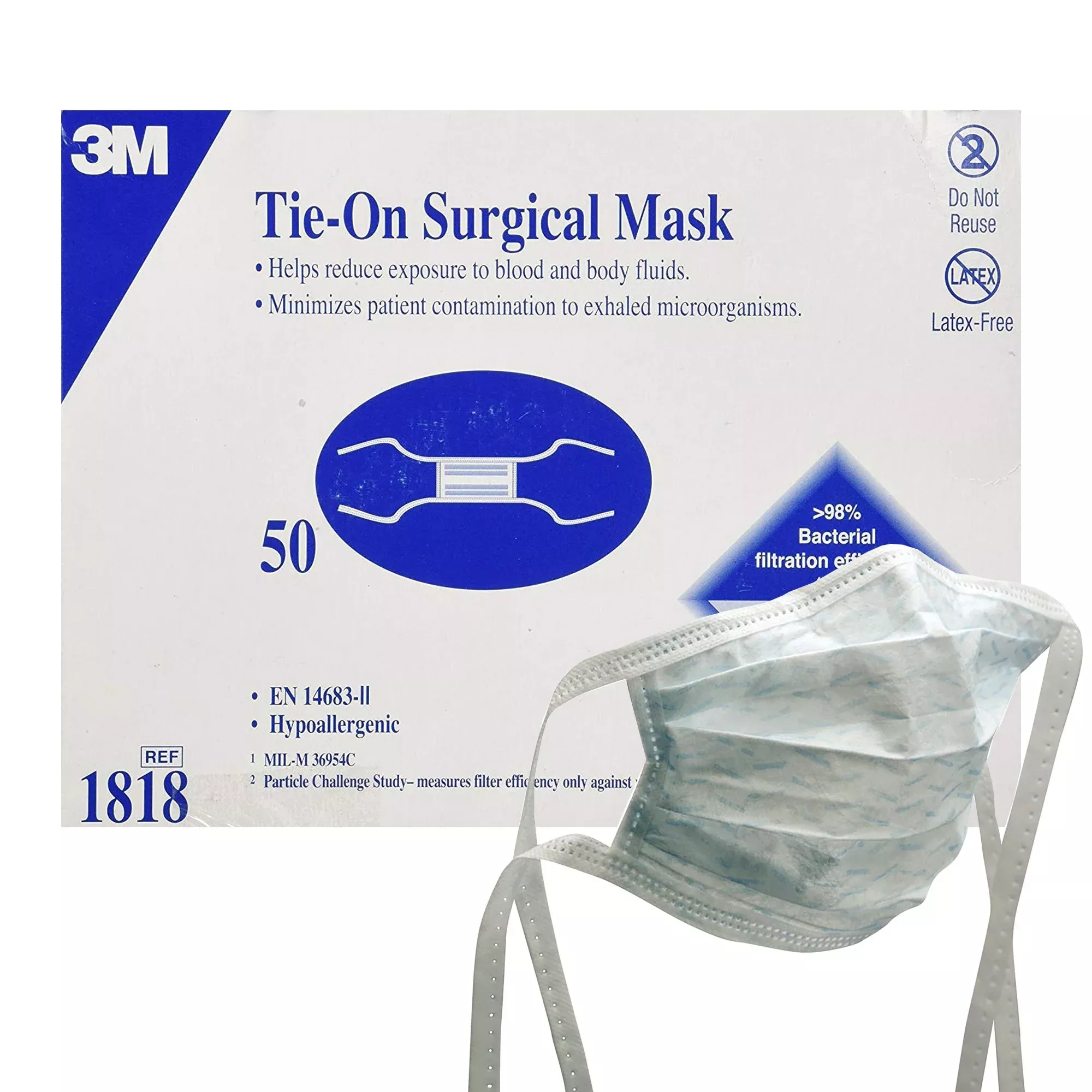 3M Surgical Mask, Latex-Free, Tie Closure, Pleated, White, 1 Box of 50