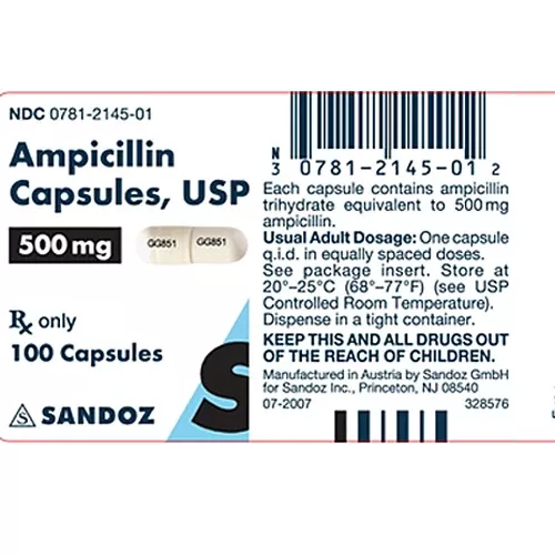 Ampicillin Trihydrate 500 mg Capsules by Sandoz 100 Count (RX)