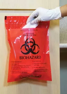 BAG, BIOHAZARD RED STICK-ON 1 2"X14/2MIL (100/CS)