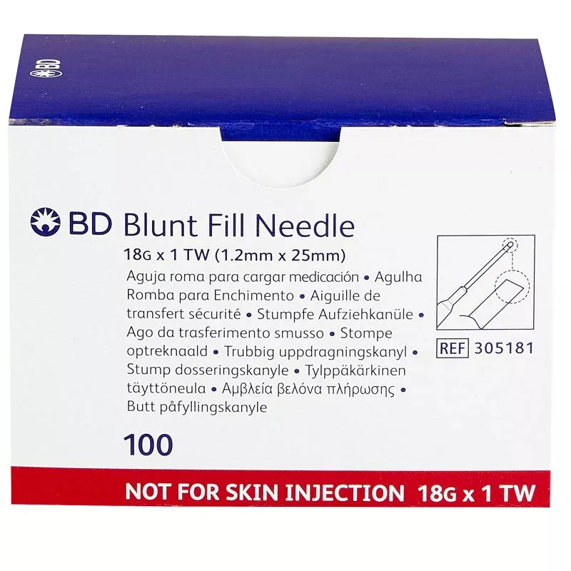 BD Blunt Fill Needle 18 gauge x 1" TW (1.2mm X 25mm) Not For Skin Injection 100/Box
