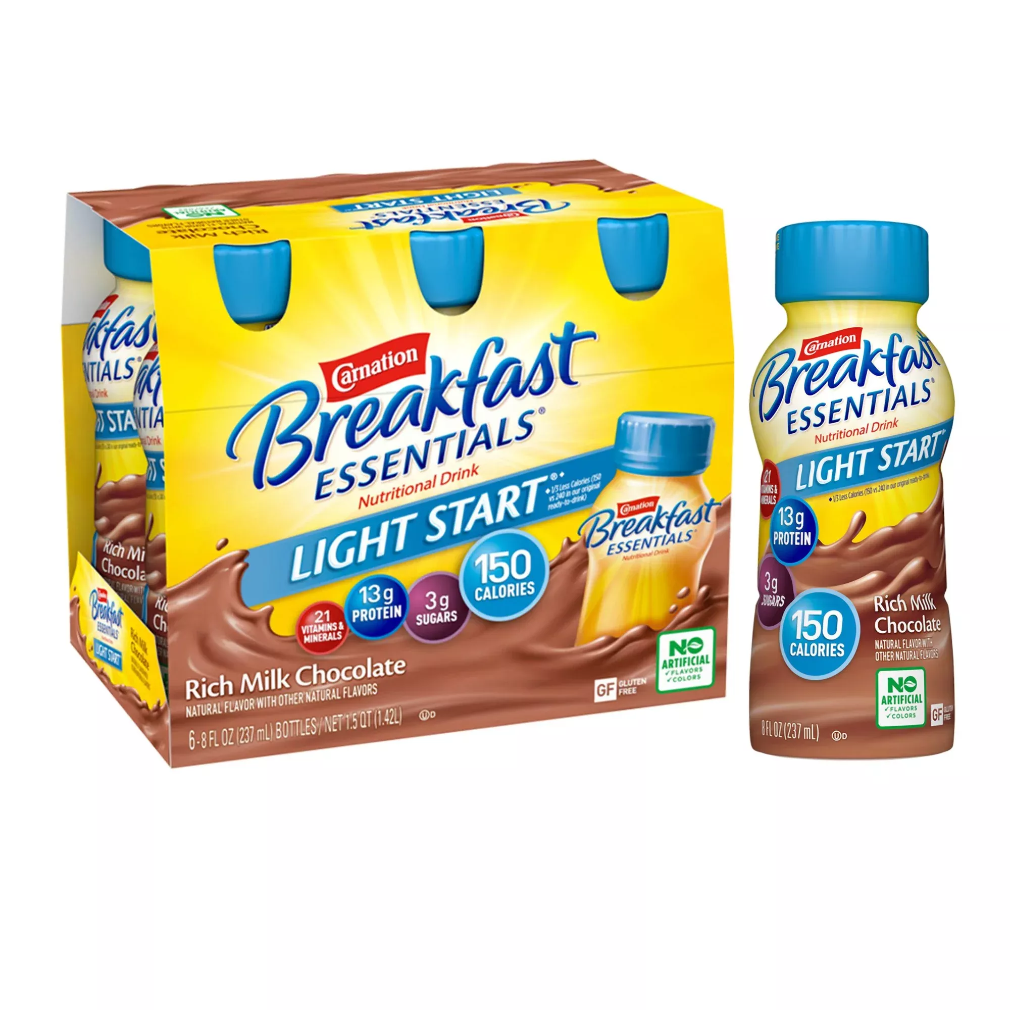 Carnation Breakfast Essentials Light Start Chocolate Oral Supplement, 8 oz. Bottle, 1 Case of 24
