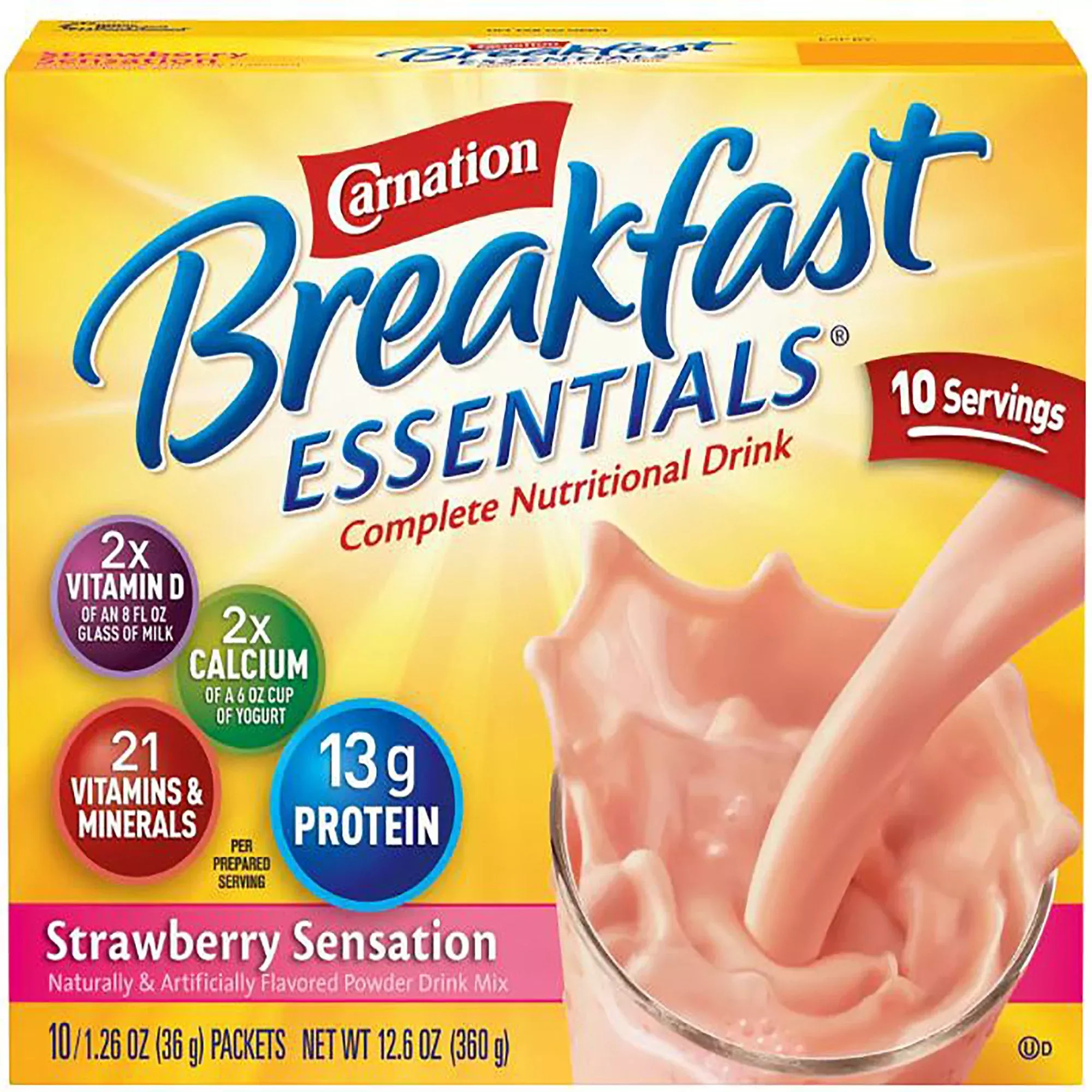 Carnation Breakfast Essentials Strawberry Oral Supplement, 1.26 oz. Packet, 1 Box of 10