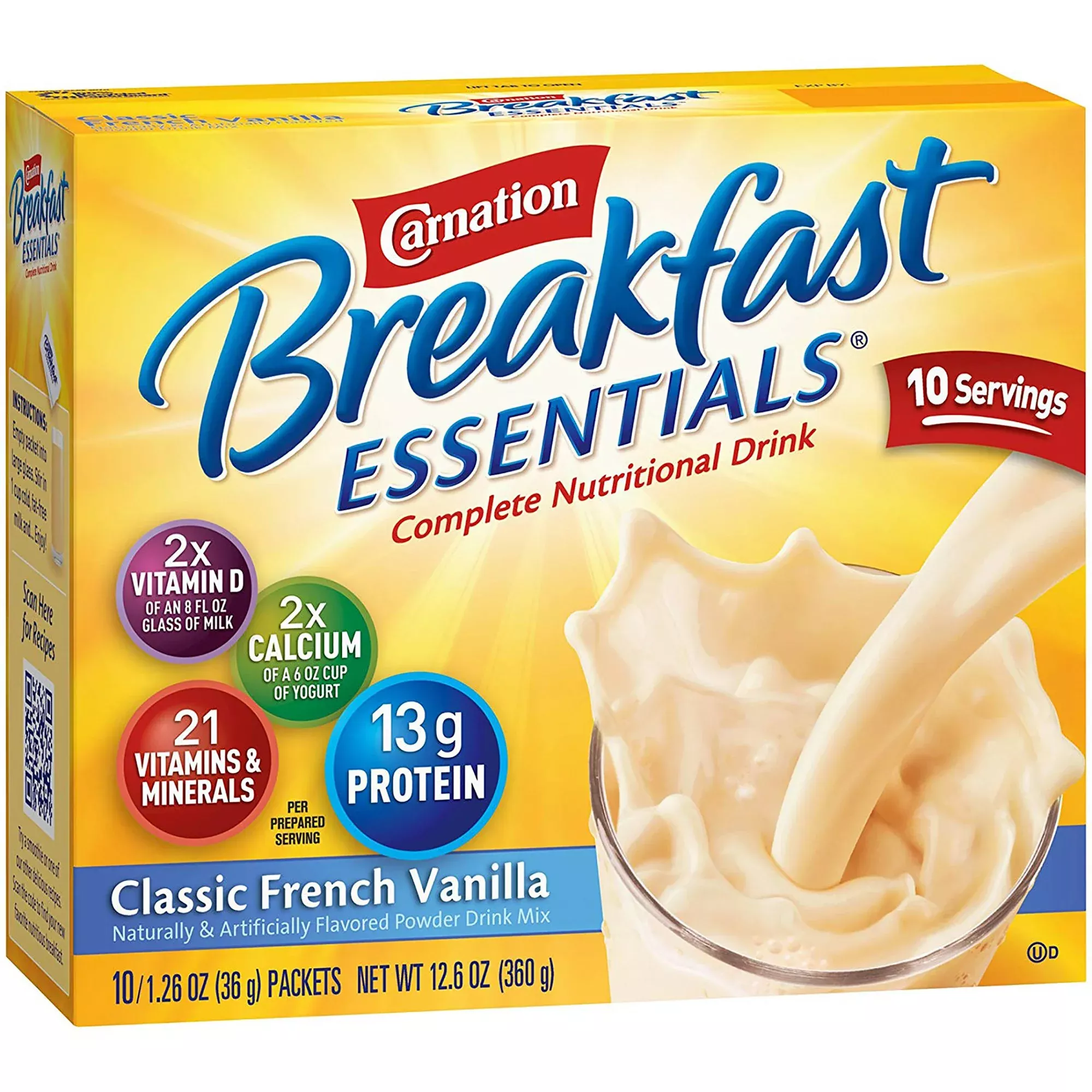 Carnation Breakfast Essentials Vanilla Oral Supplement, 1.26 oz. Packet, 1 Box of 10