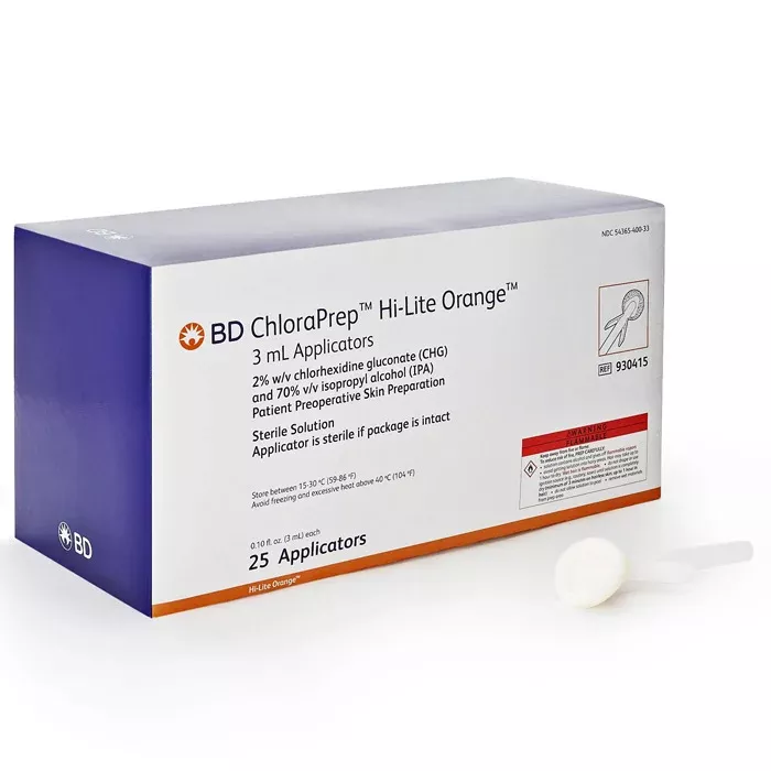 ChloraPrep Hi-Lite Orange Skin Prep Solution Foam Applicators 3 mL with 2% CHG and 70% Isopropyl, 25/Box