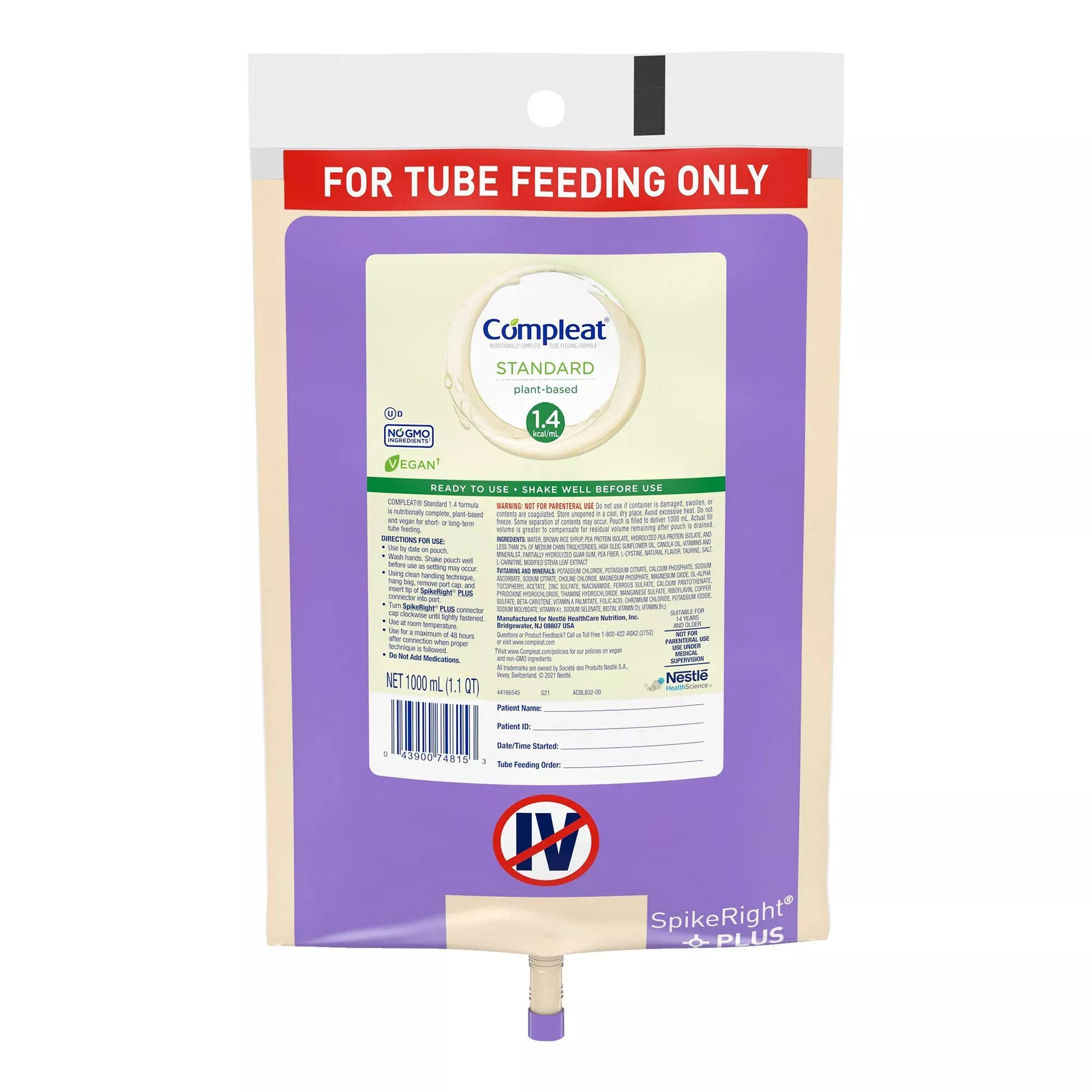 COMPLEAT, STD 1.4 CALORIE SPIKERIGHT PLUS BAG 1000ML (6/CS)