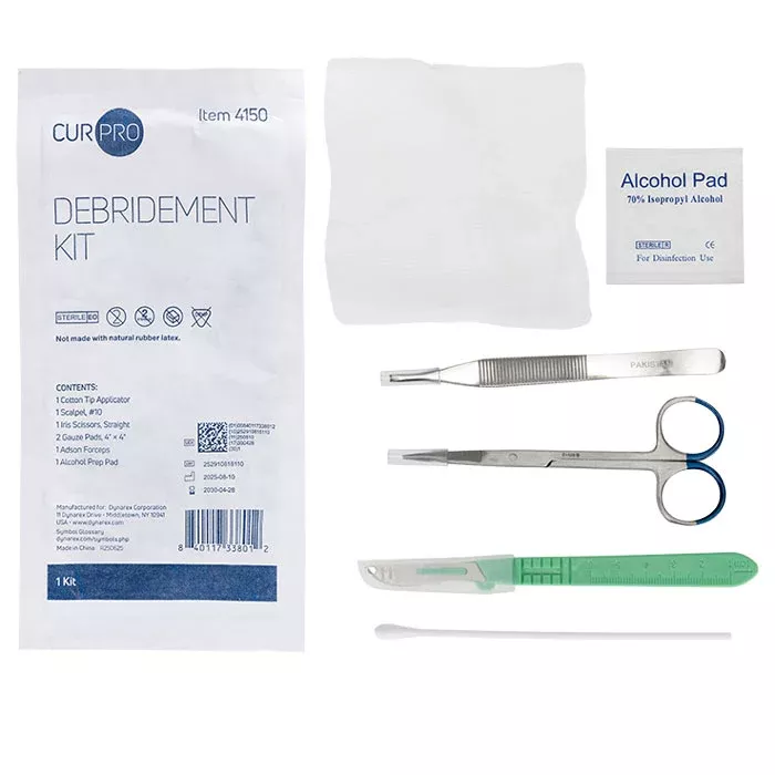 Debridement Kit with Scalpel, Iris Scissors, Adson Forceps, Prep pad & Cotton Swab, Sterile
