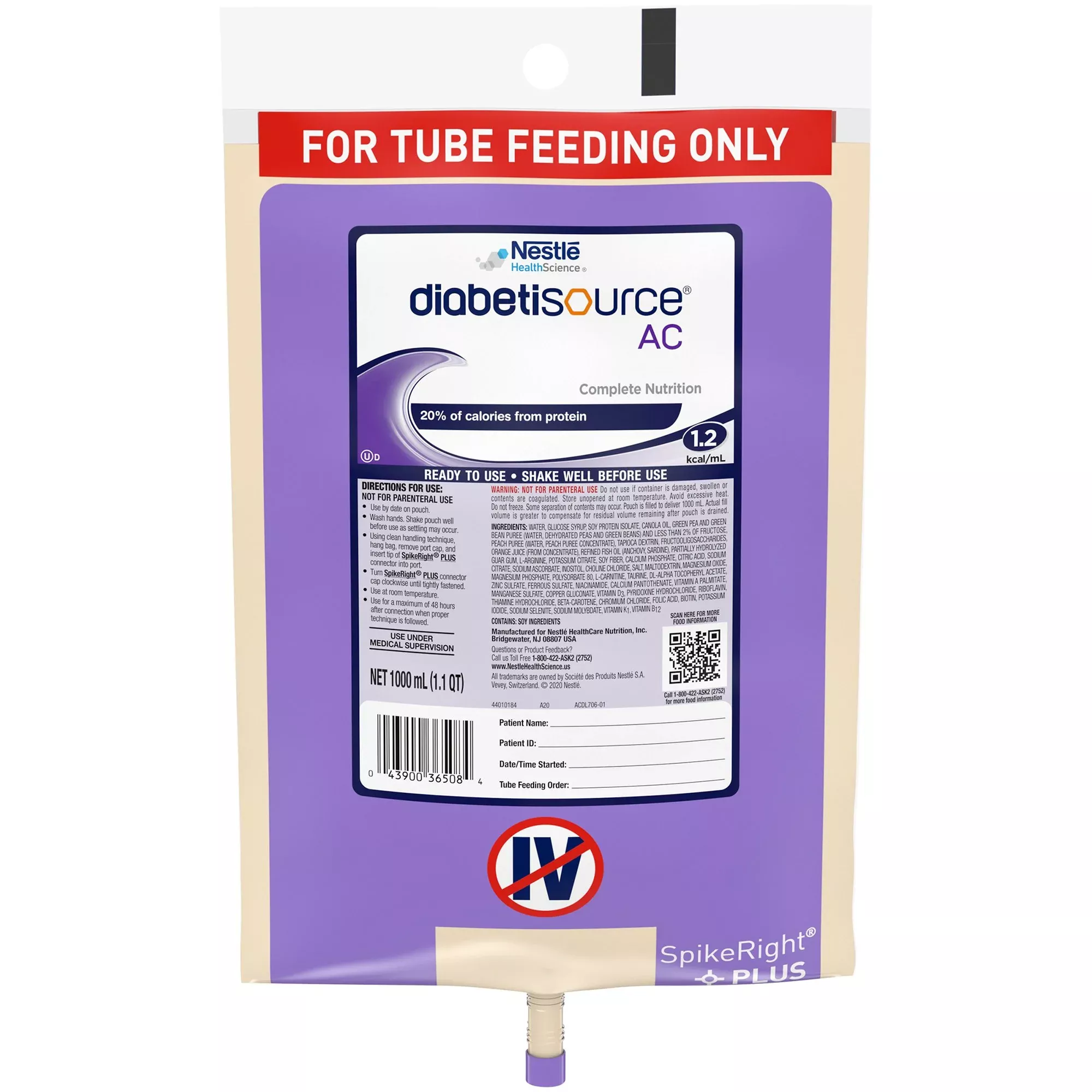 Diabetisource AC Tube Feeding Formula, 33.8 oz. Bag, 1 Case of 6