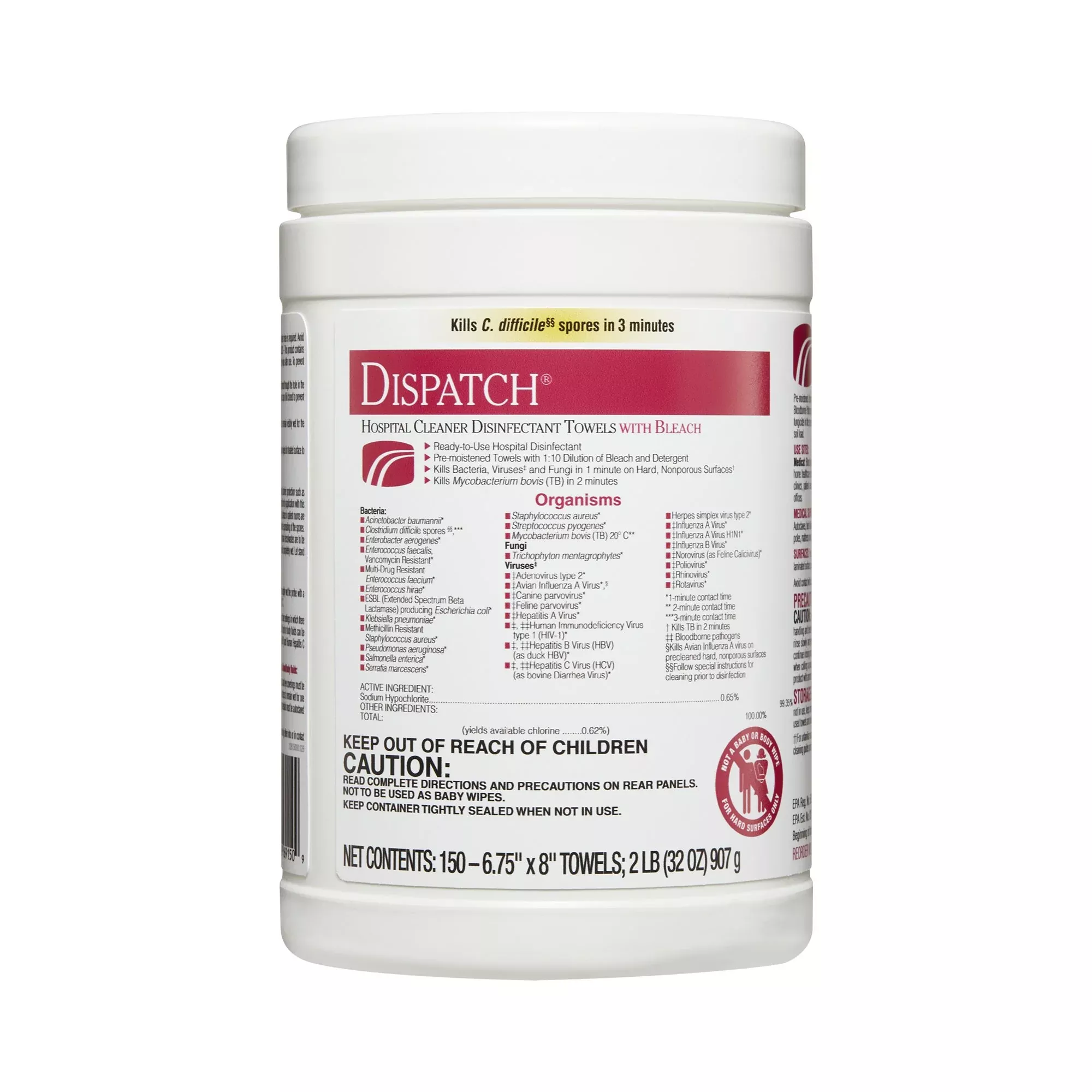 Dispatch Surface Disinfectant Cleaner with Bleach, Canister, 1 Pack of 150