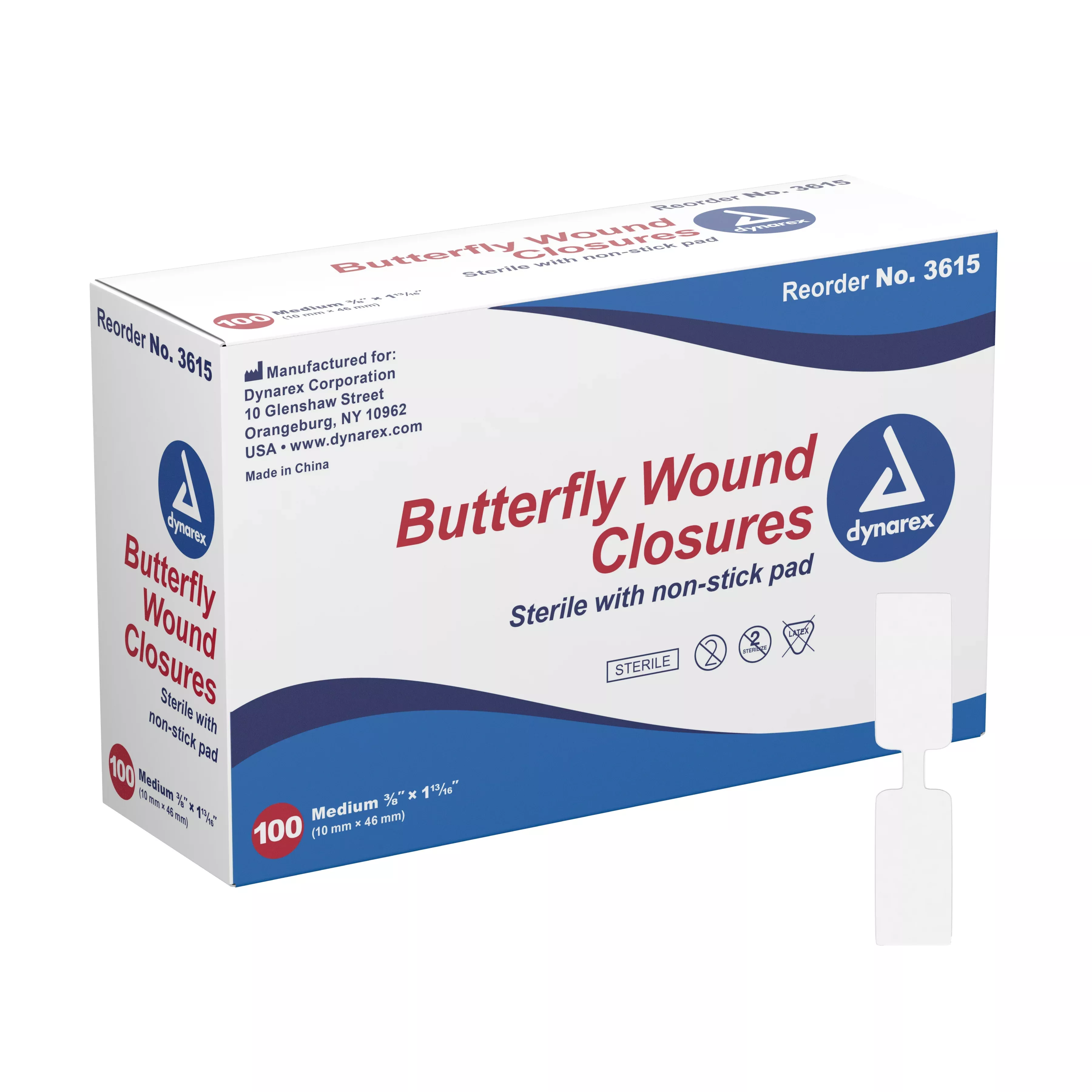 dynarex Butterfly Wound Closure Strip, 3/8 by 1-13/16 Inches, 1 Box of 100