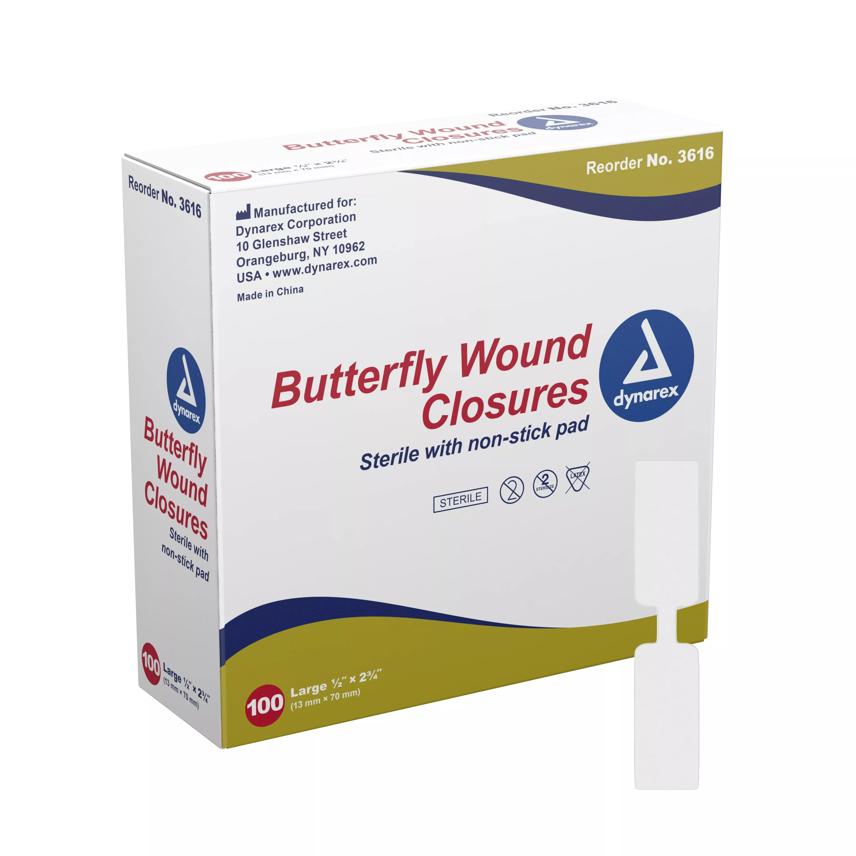 dynarex Butterfly Wound Closure Strip, ½ by 2¾ Inches, 1 Box of 100