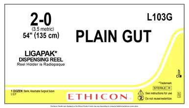 Ethicon L103G Surgical Gut Suture - Plain, LIGAPAK Dispensing Reel, Absorbable, Plain Monofilament 54" = 135cm, Size: 2-0, Box of 12