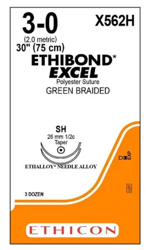 ETHICON X562H ETHIBOND EXCEL Polyester Suture, Taper Point, Non-Absorbable, SH 26mm / SH ½ Circle, Green Braided 30" = 75cm, Size: 3-0, Box of 36