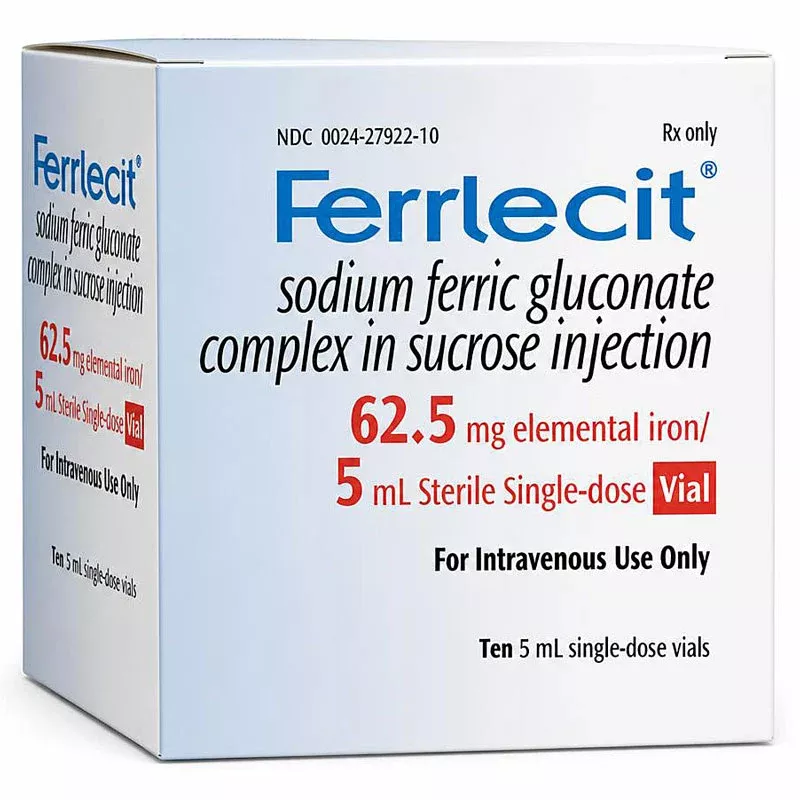 Ferrlecit Sodium Ferric Gluconate Sucrose Injection 62.5 mg Elemental Iron 5 mL x 10/Box (RX)