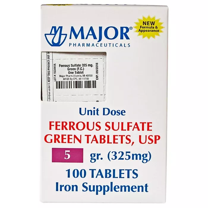 Ferrous Sulfate Green Tablets Iron Supplement 325 mg Unit Dose (10 Packs of 10) 100 Count