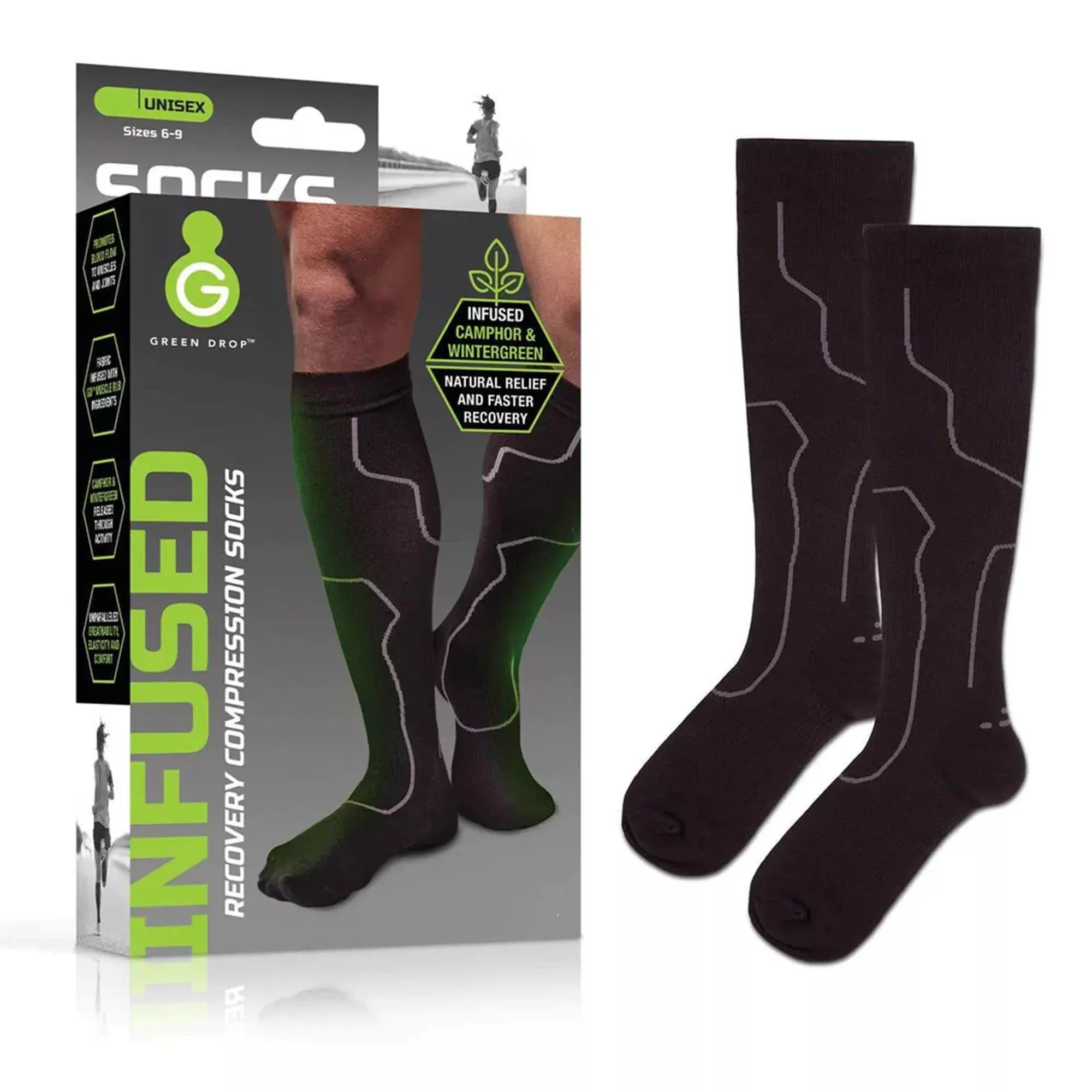 Green Drop Compression Socks - Medical-Grade Infused Support, L/XL, 1 Box of 48