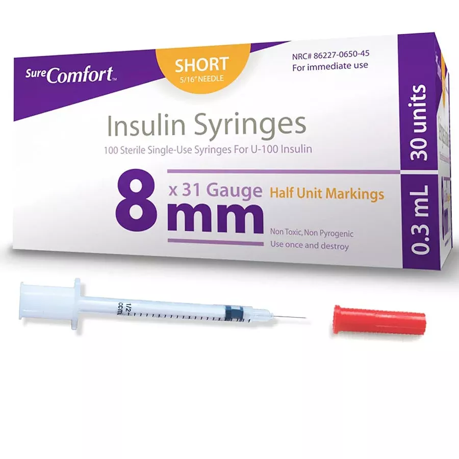Insulin Syringes 31 gauge x 5/16", 0.3 mL by SureComfort 100/Box