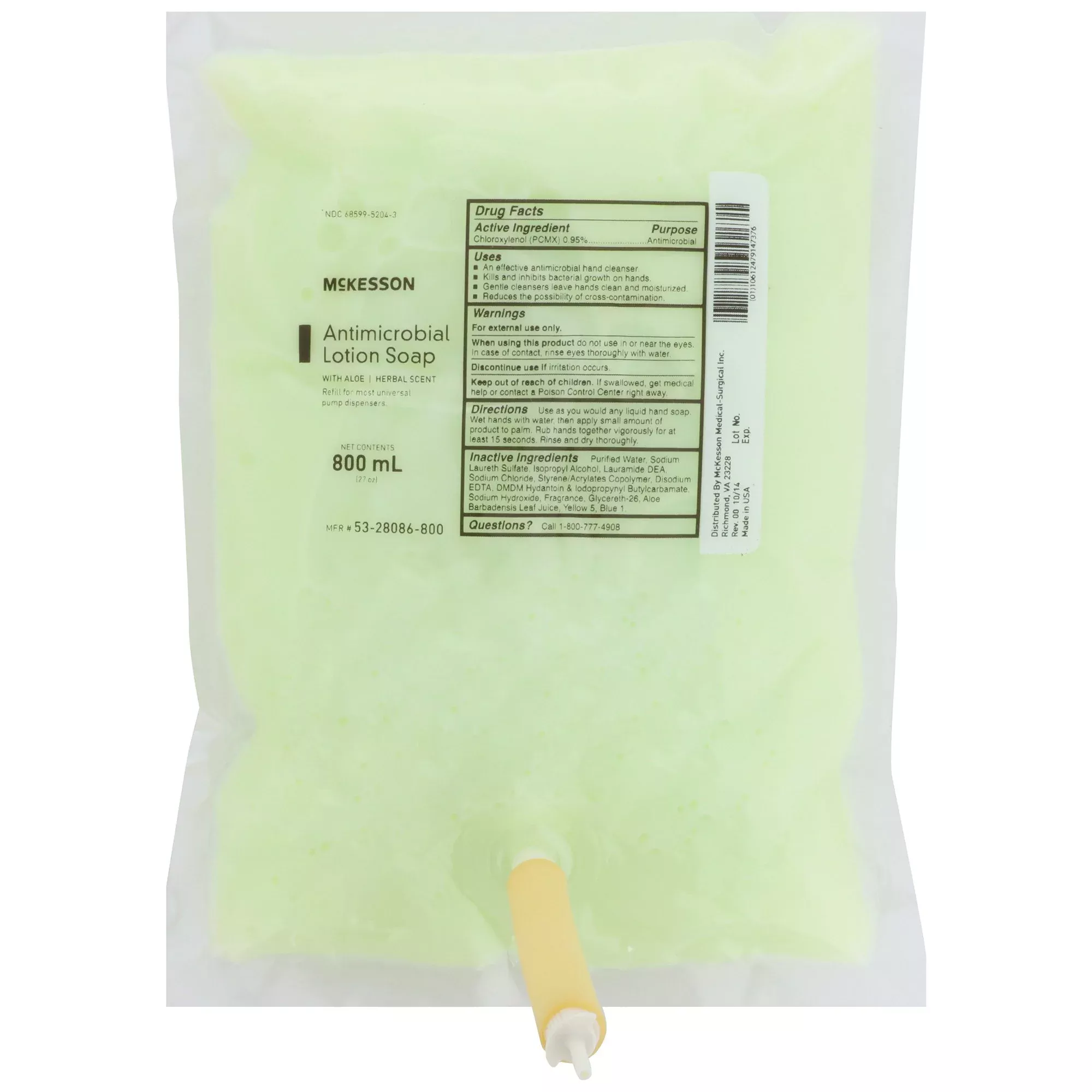 McKesson Antimicrobial Lotion Soap, Herbal Scent, 800 mL, Dispenser Refill Bag, Green, 0.95% Strength, 1 Case