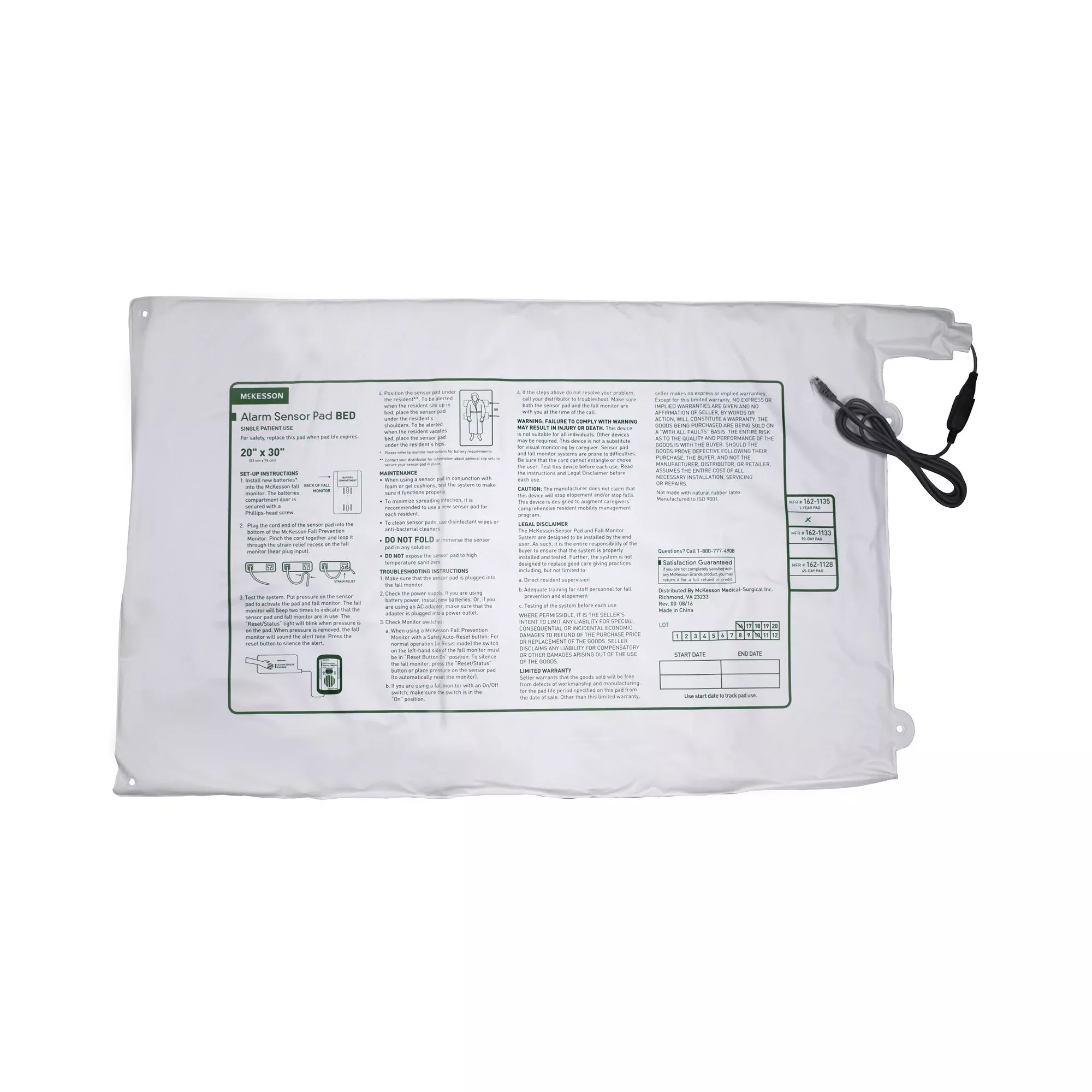McKesson Bed Alarm Sensor Pad, 20 x 30 Inch, 1 Case of 20