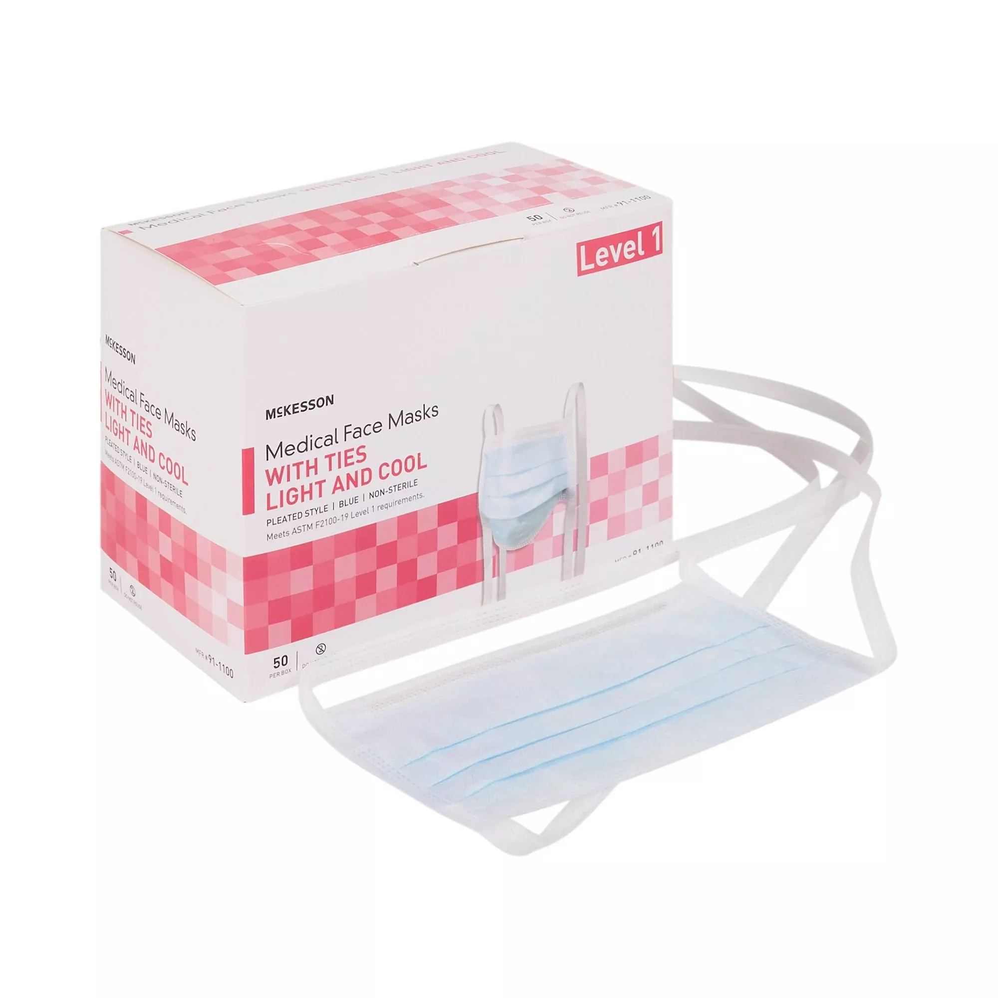 McKesson Classic Style Light & Cool Surgical Mask, Blue, 1 Box of 50