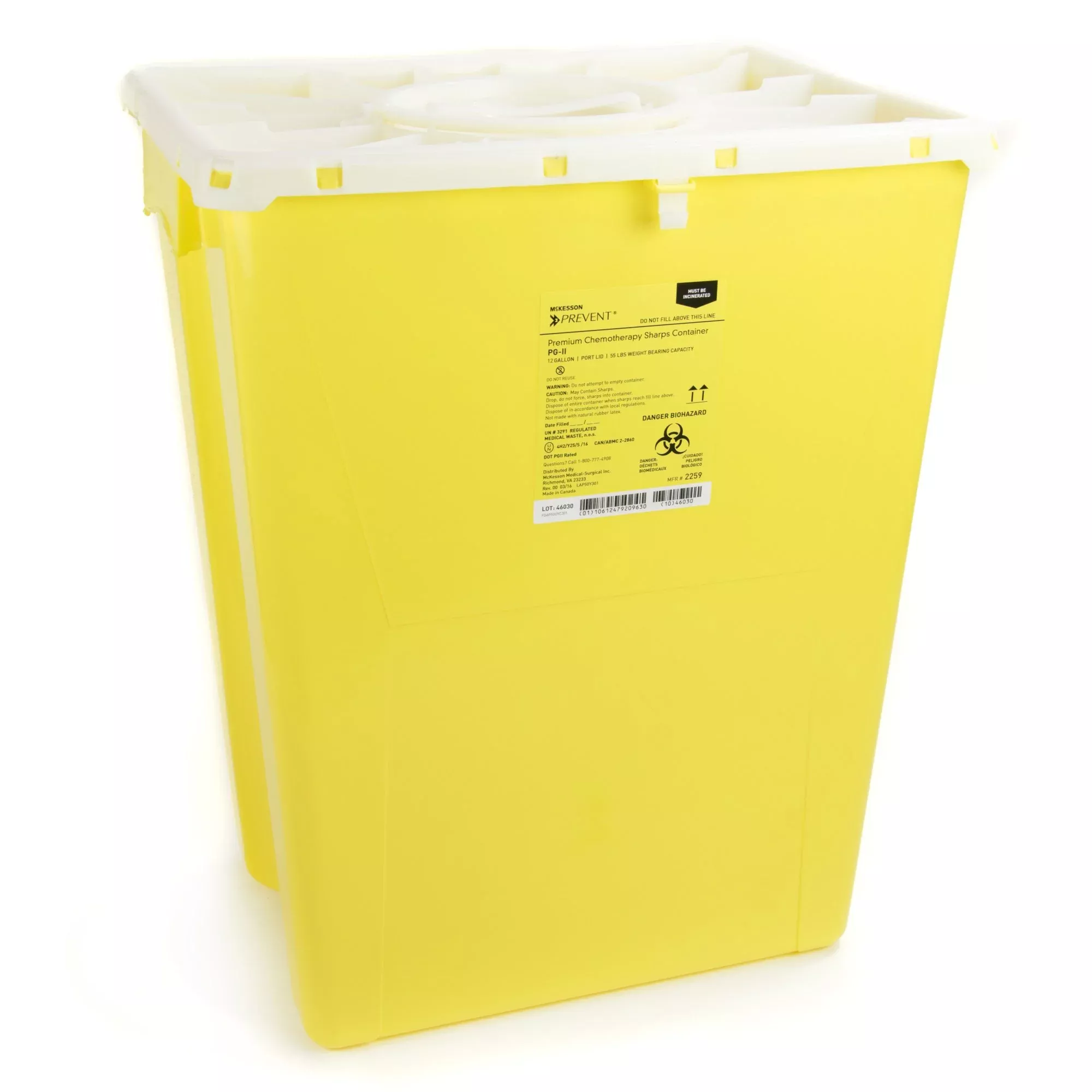 McKesson Prevent Chemotherapy Sharps Container, 12 Gallon, 20-4/5 x 17-3/10 x 13 Inch, 1 Case of 8