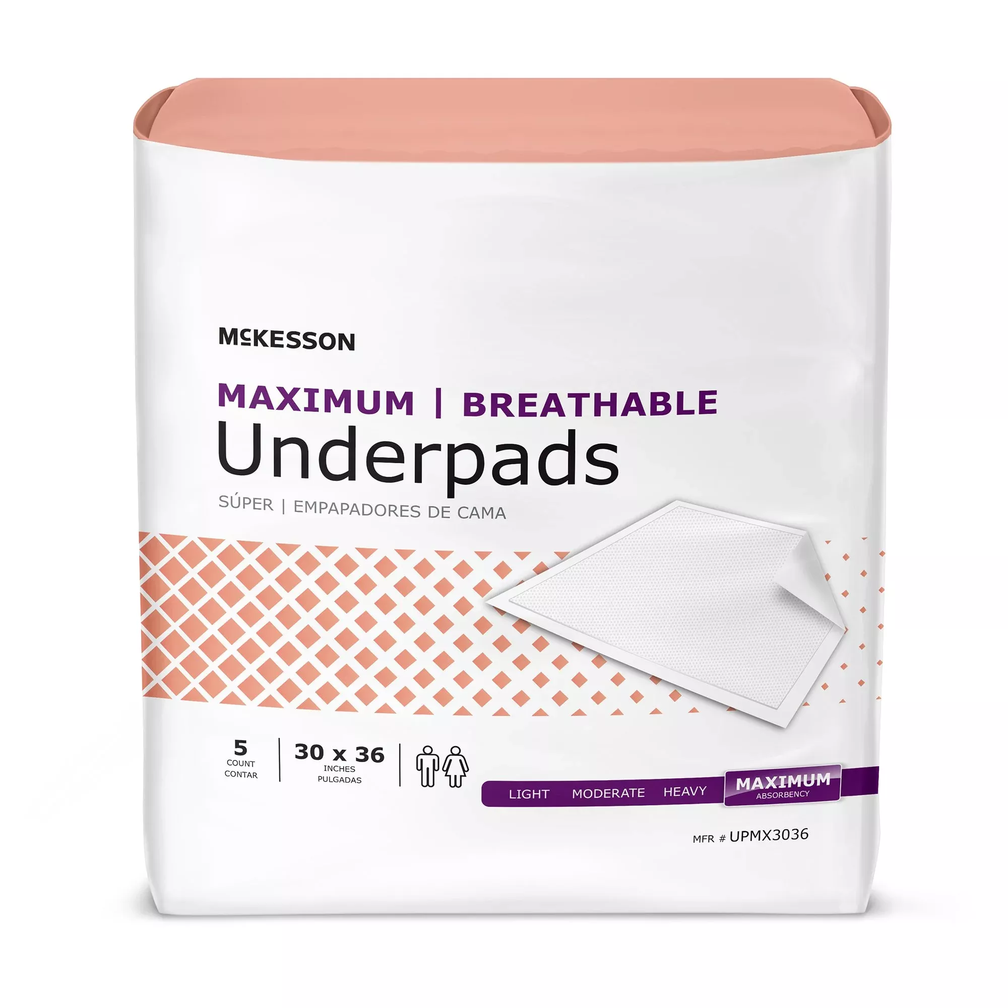 McKesson Ultimate Breathable Underpads, Maximum Protection, Heavy Absorbency, 30" x 36", White, 1 Bag of 5