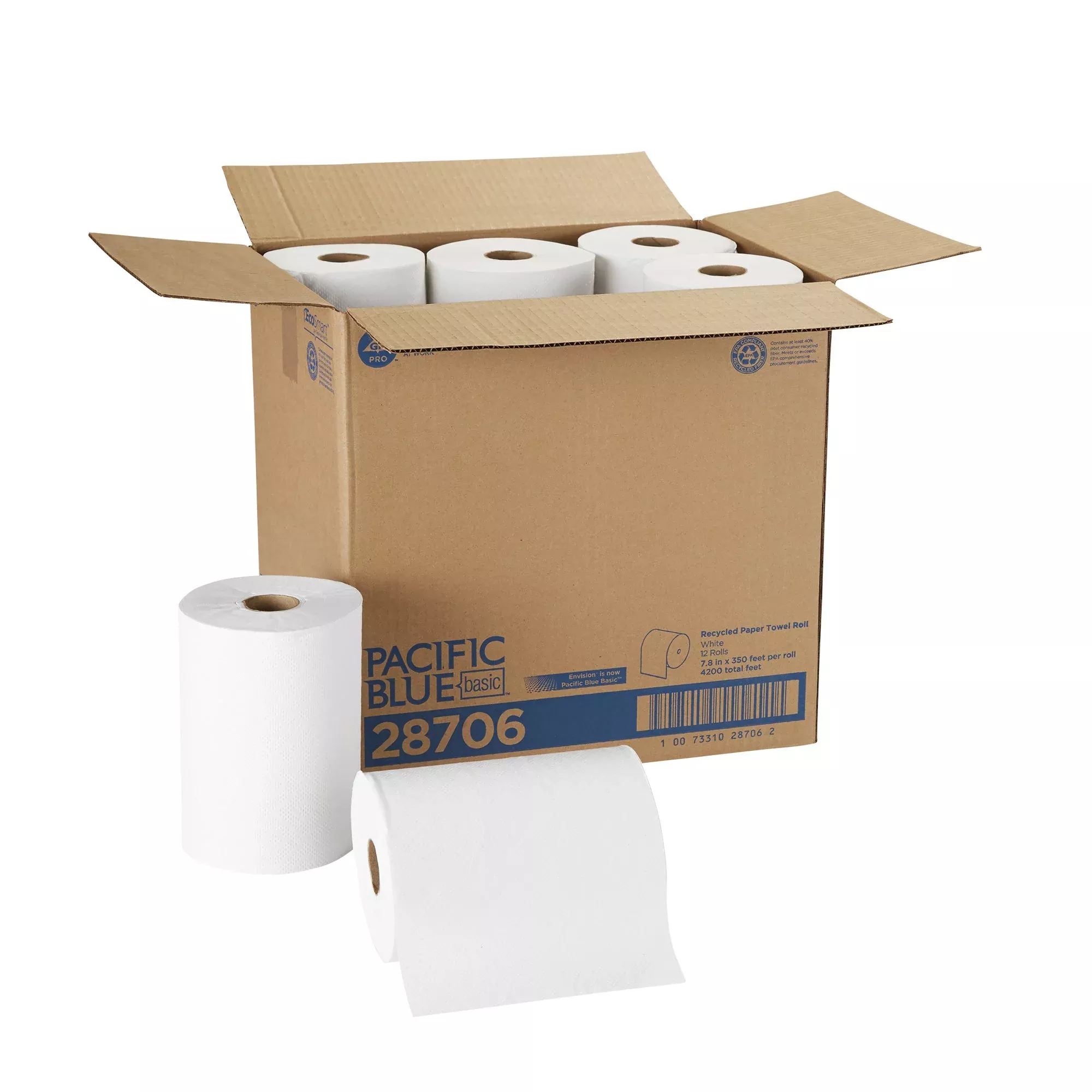 Pacific Blue Basic™ White Paper Towel, 7-7/8 Inch x 350 Foot, 12 Rolls per Case, 1 Case of 12