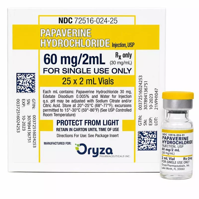 Papaverine Hydrochloride Injection 60 mg/2mL Single Dose Vials 2 mL x 10/Box (RX)