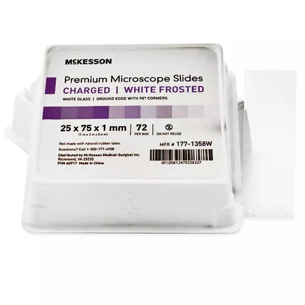 Premium Charged Microscope Slides with Beveled Edges 25 x 75 x 1 mm White Frosted Ends, 72/Box