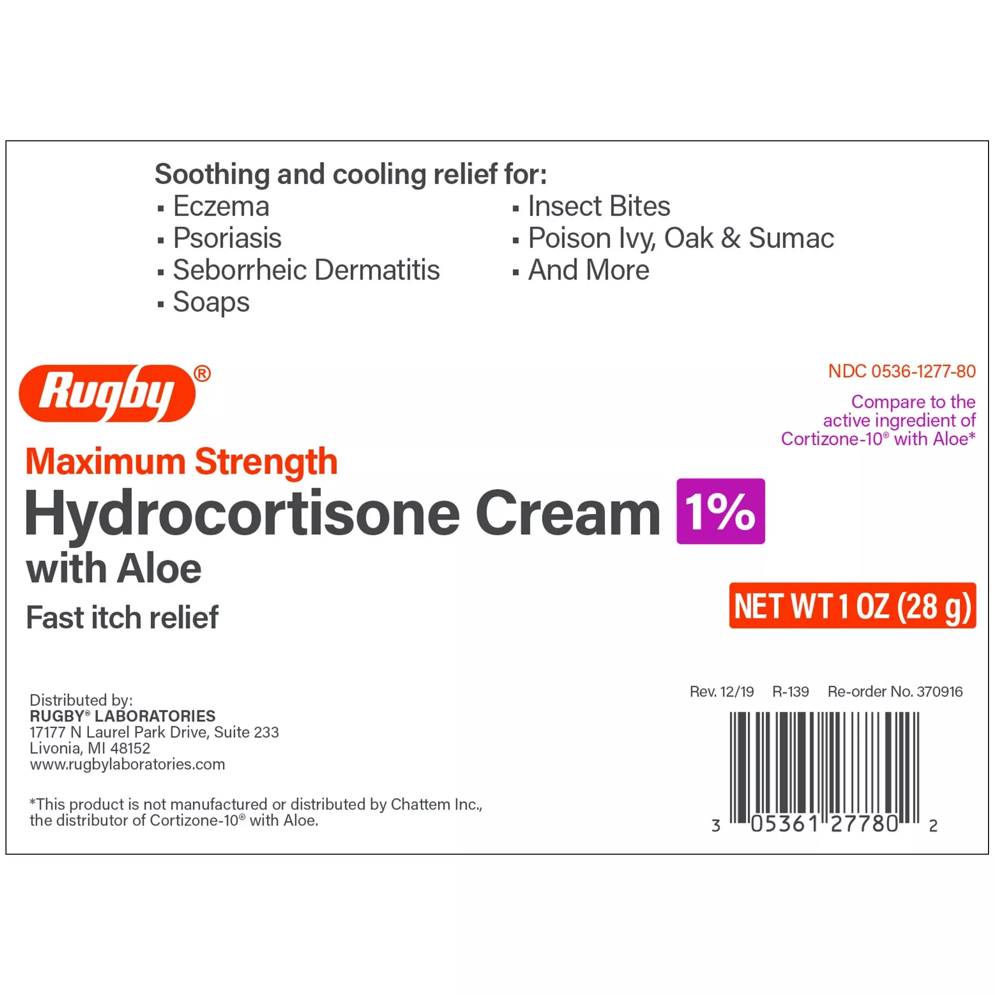 Rugby Hydrocortisone Itch Relief Cream, 1-ounce Tube, 1 Each