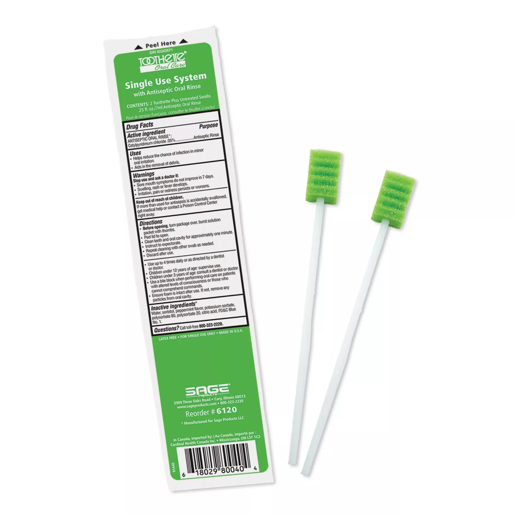 Sage Oral Swabstick Toothette Plus Foam Tip, Cetylpyridinium Chloride .05%, 1 Pack