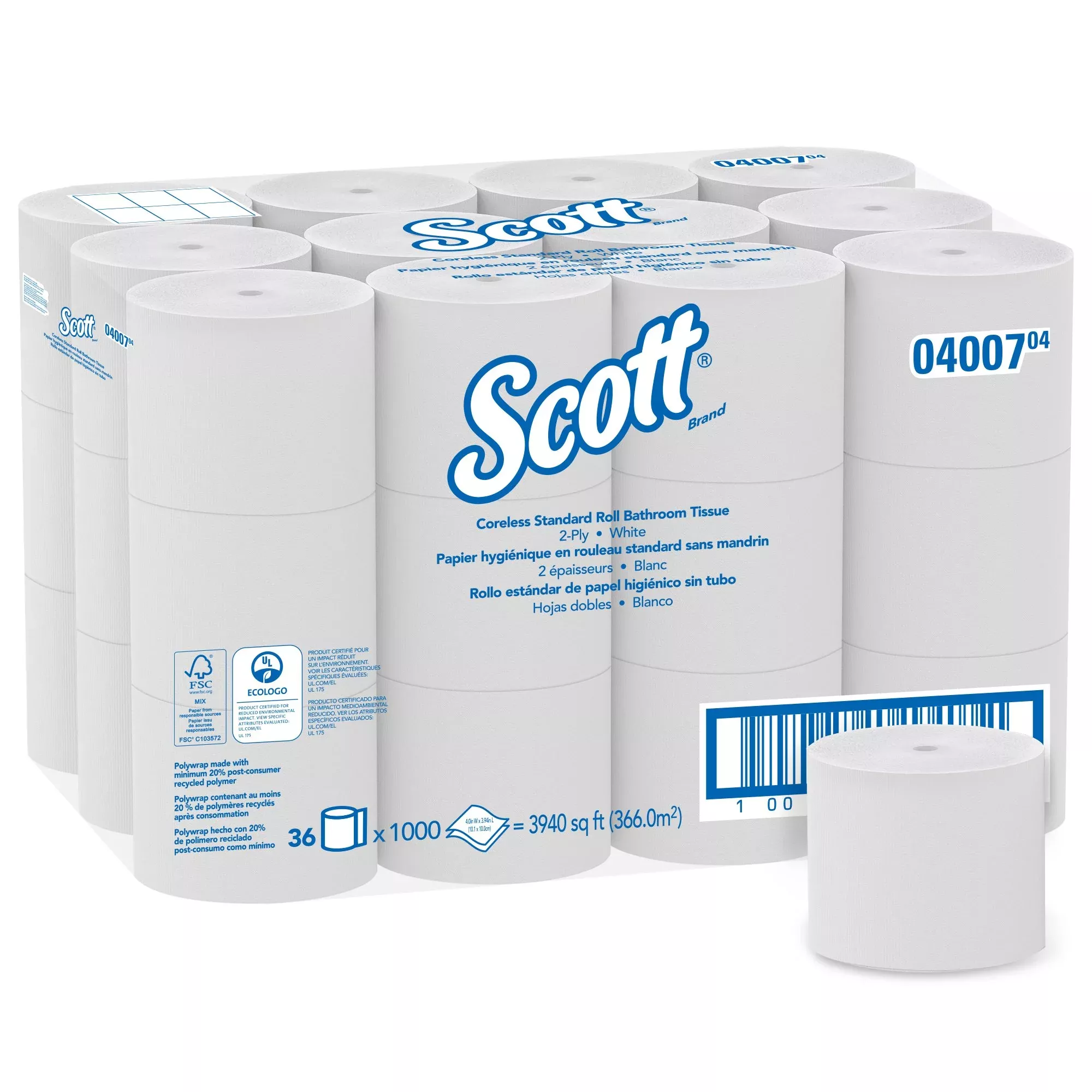 Scott Essential Toilet Tissue, 2-Ply, Standard Size, Coreless Roll, 1 Case of 36