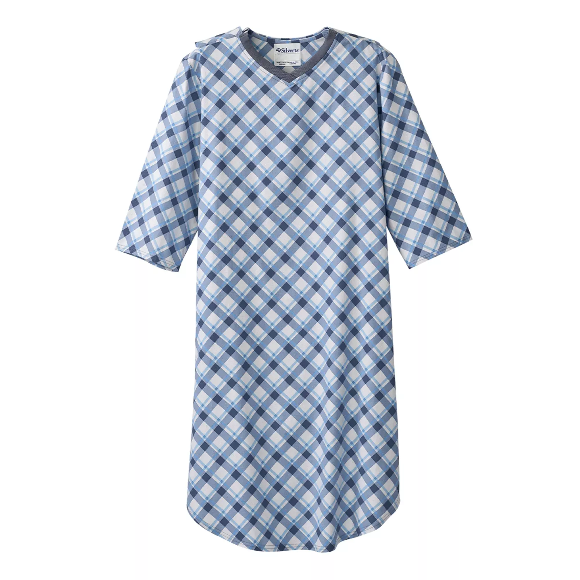 Silverts Shoulder Snap Patient Exam Gown, X-Large, Diagonal Blue Plaid, 1 Each