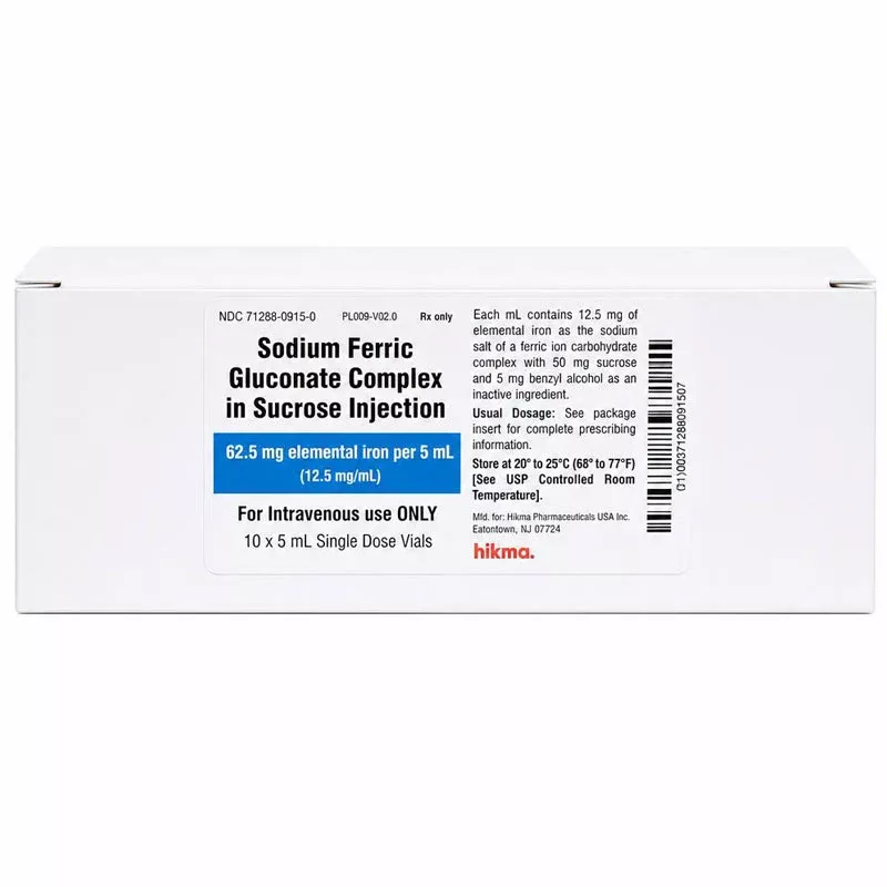 Sodium Ferric Gluconate Complex in Sucrose Injection 62.5mg SDV 5mL 10/Pack (RX)