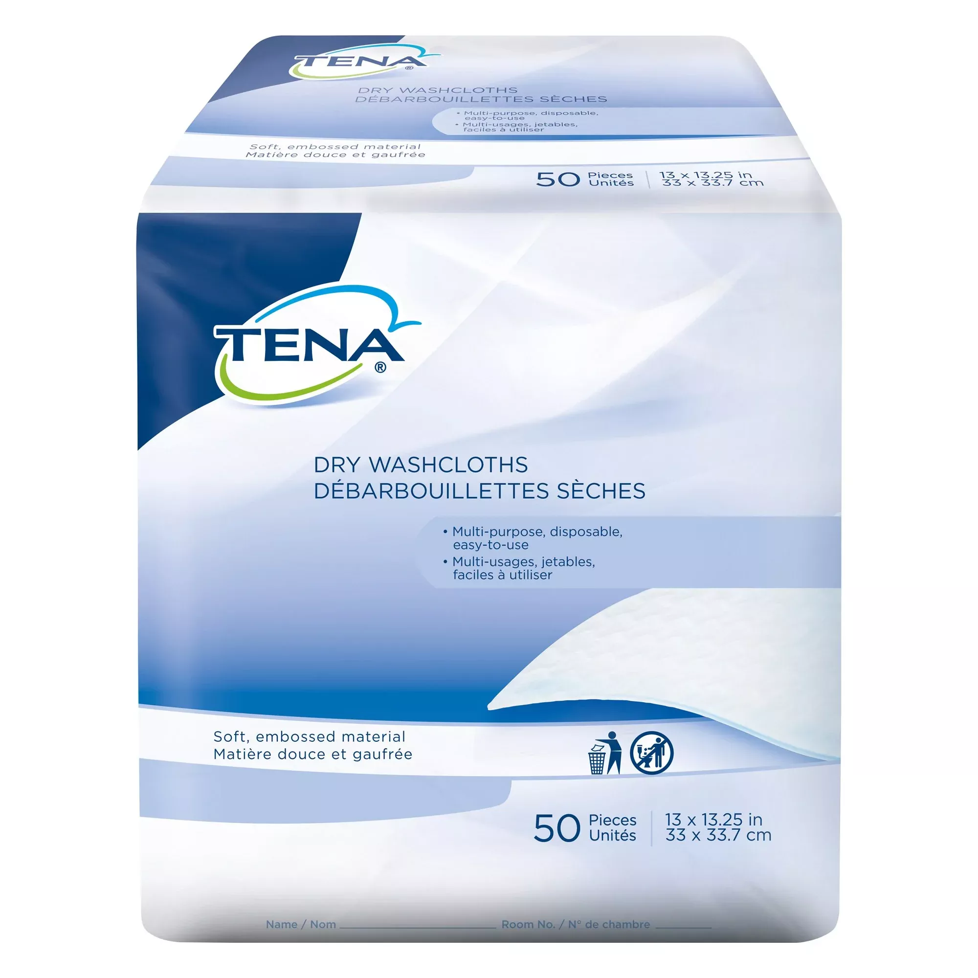Tena Dry Washcloths, Disposable, White, 13 x 13-1/4 Inch, 1 Case of 16