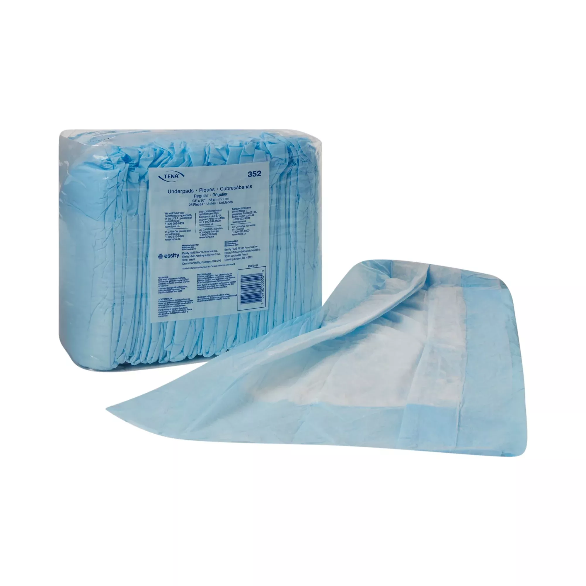 TENA Regular Underpads, Light Absorbency, Blue, Disposable, Latex-Free, 23 X 36 Inch, 1 Pack of 25