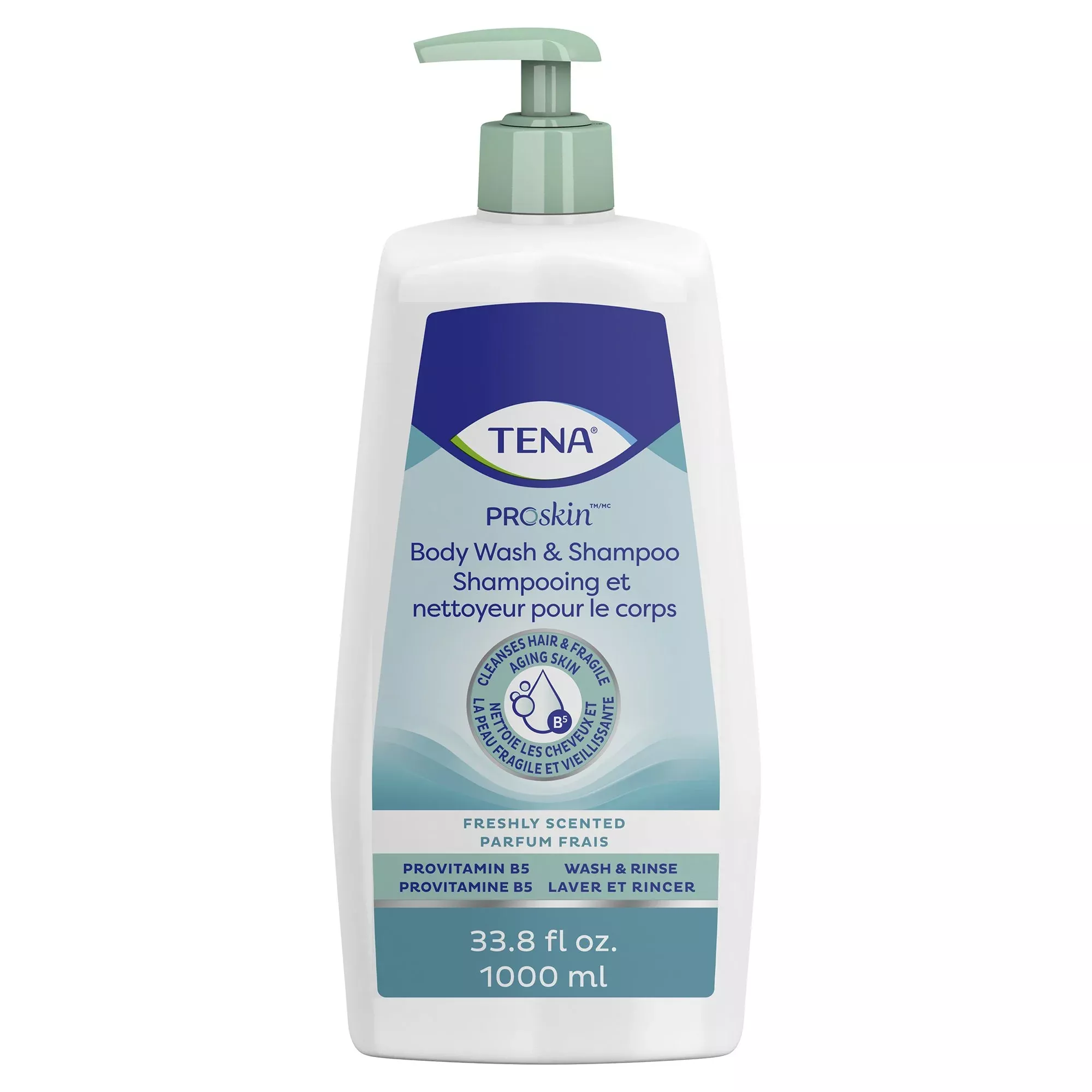Tena Unscented Shampoo and Body Wash, Pump Bottle, 1,000 mL, 1 Case of 8