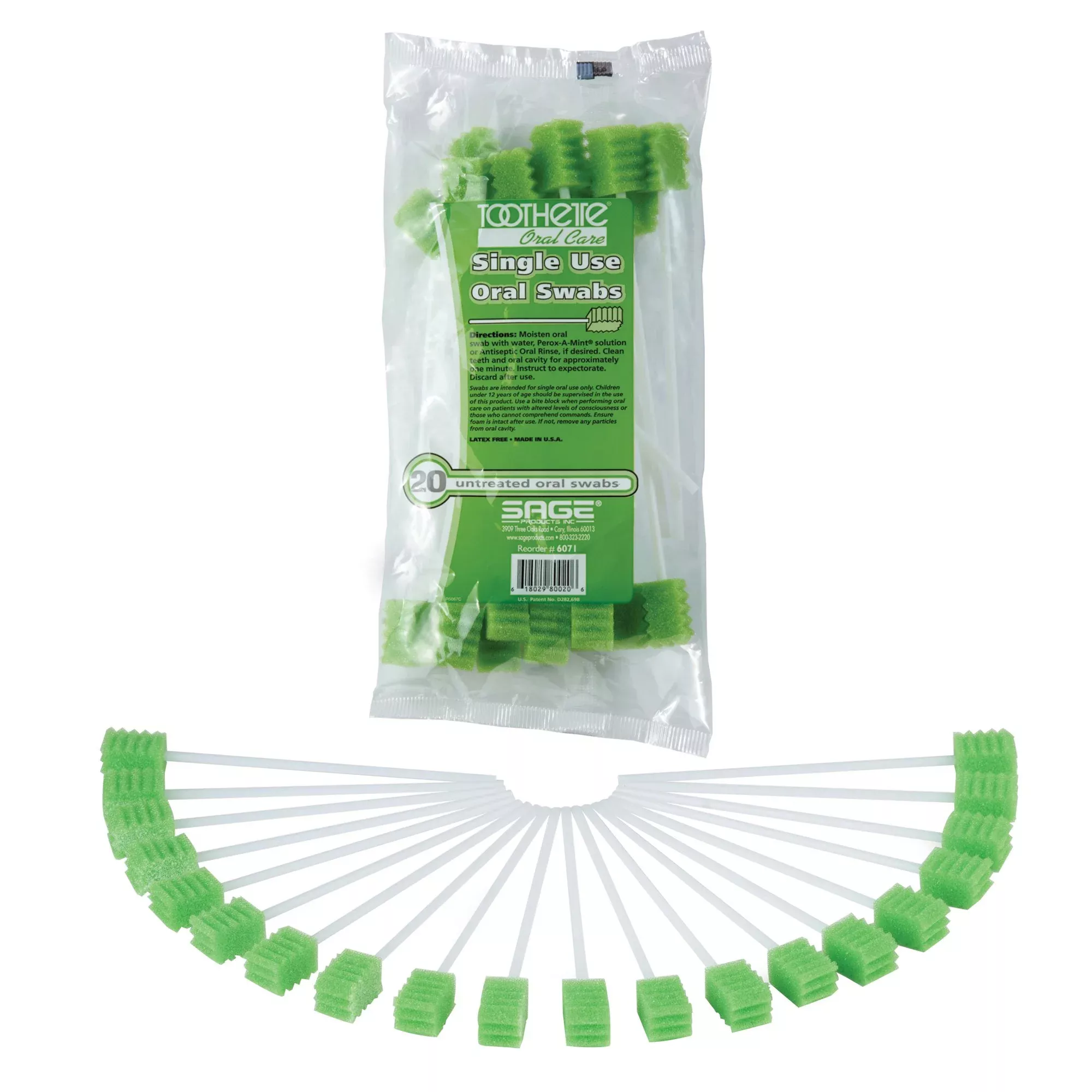 Toothette Plus Oral Swabsticks Foam Tip Untreated, 6" Length, Green, 1 Case of 50