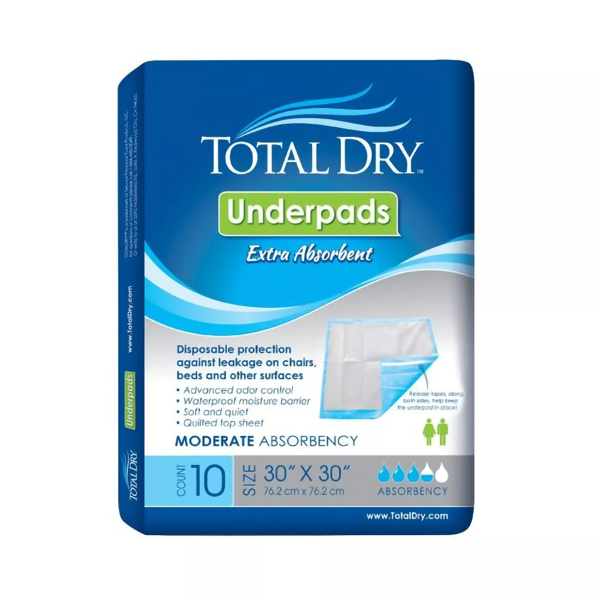 TotalDry Incontinence Underpads, Heavy Absorbency, Disposable, Blue, 30 X 30 Inch, 1 Bag of 10