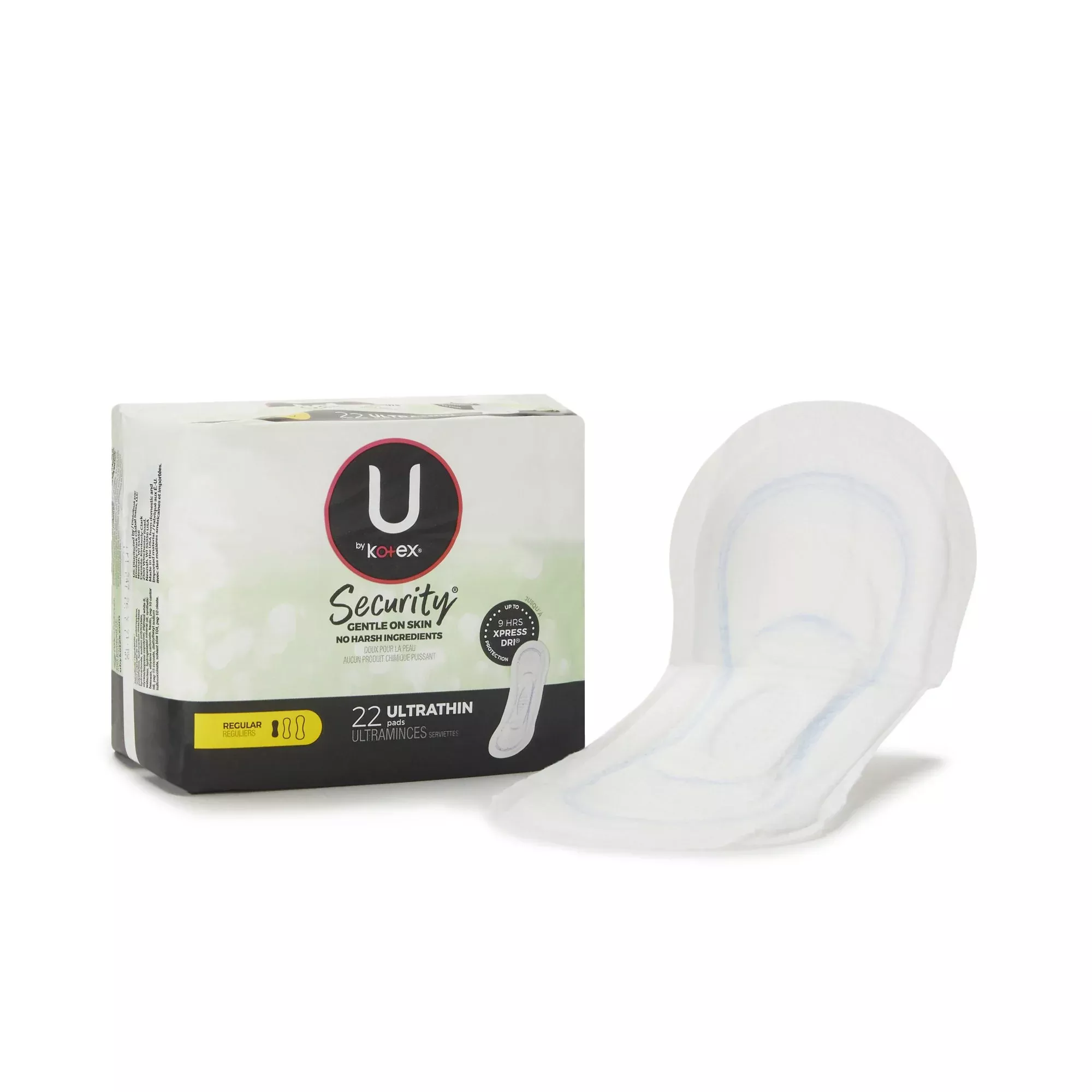 U by Kotex Security Ultra Thin Pad, Regular Absorbency, 1 Bag of 22